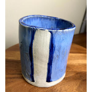 Handmade Blue Glazed Pottery (Utensil Holder, Ceramic Vase, or Planter; Signed)